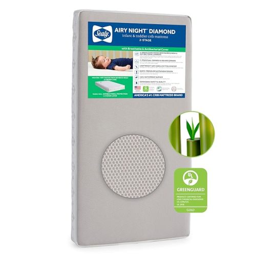 Sealy Airy Night Breathable Hypoallergenic 2-Stage Dual Firm Crib Mattress, 2-Sided Mesh and Antibacterial Baby Crib Mattress & Toddler Bed Mattress, Sustainable, Certified, Made in USA, 52"X28"