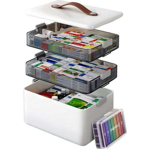 O-MART 3-Tier Medicine Cabinet Organizer with Leather Handle, Empty Plastic First Aid Kit, Multipurpose Storage Box with A Portable Weekly Pill Organizer for Family Emergencies, Home, Travel, White