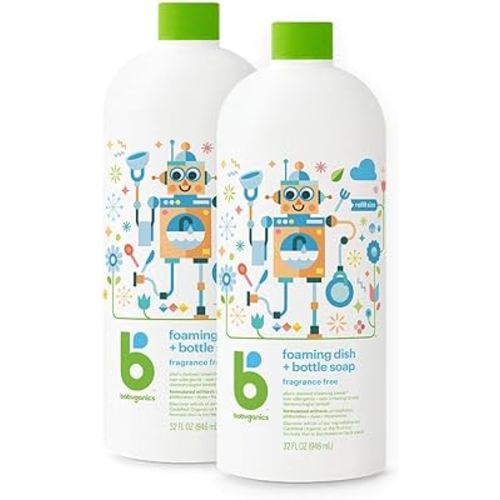 Babyganics Foaming Dish & Bottle Soap, Fragrance Free, Plant-Derived Cleaning Power, Removes Dried Milk, 32 Fl Oz (Pack of 2), Packaging May Vary