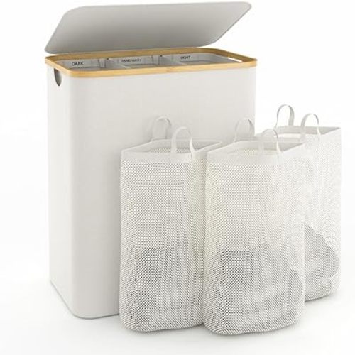 Laundry Hamper with Lid, 160L Extra Large Laundry Basket 3 Section Dirty Clothes Hamper for Laundry with Removable Laundry Bags, Hampers for Bedroom, Laundry Room, Beige