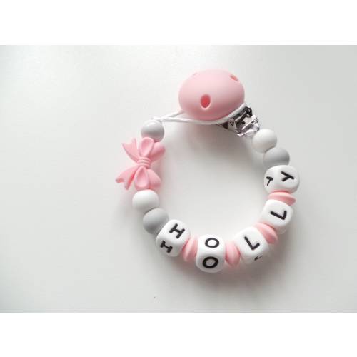 Personalised Dummy clip Baby Girl gift Soother holder Pacifier clip Silicone Dummy clip Pink Bow and Grey Dummy holder Baby shower gift