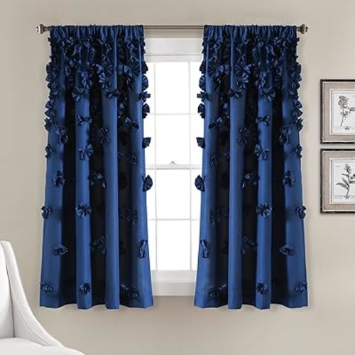 Lush Decor Riley Light Filtering Window Curtain Panel, Single 54" W x 63" L, Navy - Cute Blue Curtains for Bedroom - Bow Decor - Coquette Curtains for Windows