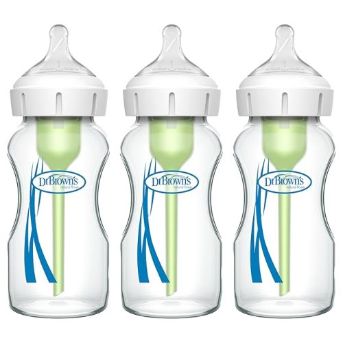 Dr. Brown's Natural Flow Anti-Colic Options+ Wide-Neck Glass Baby Bottles 9 oz/270 mL, with Level 1 Slow Flow Nipple, 3 Pack, 0m+ - 3 Pack, 9 oz