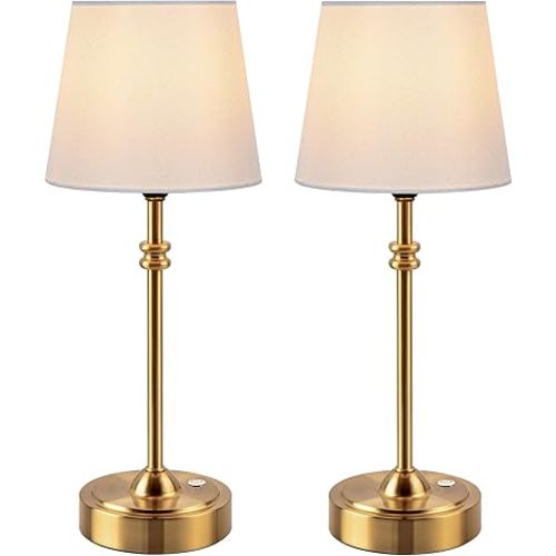 ONEWISH Cordless Table Lamps Set of 2 - Battery Powered Lamp, 4000mAh Rechargeable, Stepless Dimmable, Wireless Lamp with Fabric Shade, 2700K Warm Ambient Light for Dining, Patio, Bathroom(Gold)
