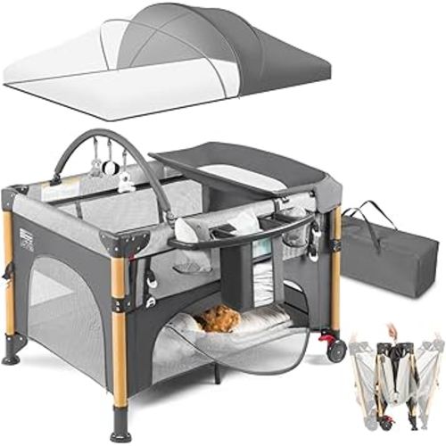 Baby Bassinet Bedside Crib with One-Hand Setup 5-in-1 Foldable Pack n Play for Travel, Portable Baby Bassinet with Diaper Changer & Adjustable Mattress for Newborn to Toddler (Grey)