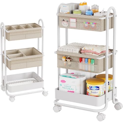 Modanais Baby Diaper Caddy Organizer Cart - 3 Tier Rolling Storage Cart with Wheels, Baby Essentials Nursery Storage, Detachable Dividers - for Crib, Bedroom, Art & Craft Organizer (Off White)