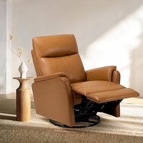 Modern Leather Swivel Rocker Recliner – Glider Reclining Chair with Footrest, Wide Seat Cushion & Comfortable Support for Living Room, Nursery, Bedroom, Camel