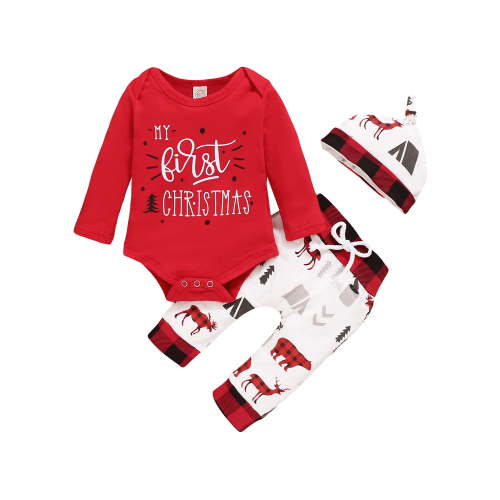 My First Christmas Outfits Baby Boy Girl 6 12 18 24 Months Long Sleeve Romper Onesie Pants Hat 3Pcs Fall Winter Clothes