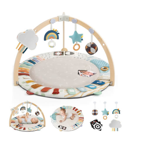 Blissful Diary Baby Play Gym & Activity Mat, 5 Developmental Zones Wooden Tummy Time Mat with 6 Detachable Sensory Toys for Motor Skills & Sensory Development, Baby Essentials Shower Gift