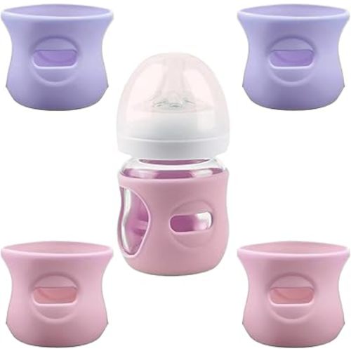 4 Pack Silicone Sleeves for Avent Natural Glass Baby Bottles, Anti Breakage Baby Bottle Holder, Compatible with Philips Avent Glass Natural Baby Bottle, BPA Free (Pink Purple, 4 OZ)