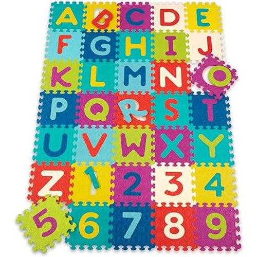 B. toys - B. Play – Alphabet & Numbers Floor Mat – 35 Interlocking Foam Tiles – Thick ABC Tiles for Newborns, Toddlers, Kids – Pop-Out Letters + Numbers & Storage Bag – 0 Months + – Beautifloor