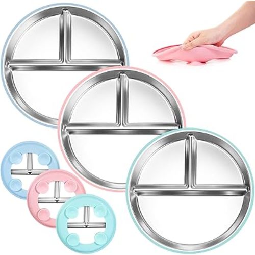 Stainless Steel Toddler Plates Silicone Suction,3 Packs Non-Slip Baby Plates,Divided Portion,Food-Grade Silicone Plate for Kids,LEAD-FREE Dishwasher Safe, Green Blue Pink