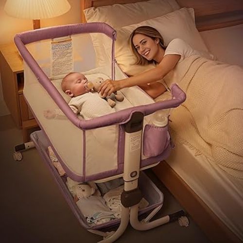 Baby Bassinet Bedside Sleeper, Upgraded Stability Bedside Crib with Full Mesh Sides, Soft Sheet, 6-Height Adjustment, Storage Basket, Easy Folding Portable Bassinet for Newborns,Pinkish Purple