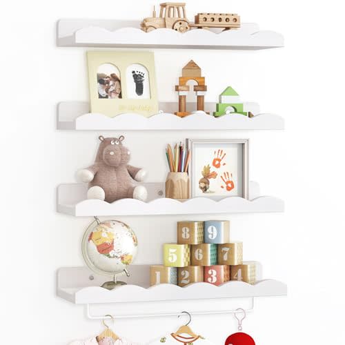 Fixwal Nursery Shelves, 16.5 Inch Floating Bookshelves for Wall Set of 4, Scalloped Wall Book Shelves with Towel Rack for Kids, Toddler Room, Baby Room, Nursery Decor and Storage(White)