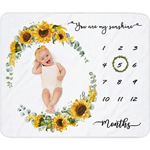 Baby Milestone Blanket for Baby Girl|Newborn Monthly Milestone Picture Blanket|Sunflower Nursery Decor|Baby Girl Photo Background Prop Blanket 45"x40" with Wreath and Headband
