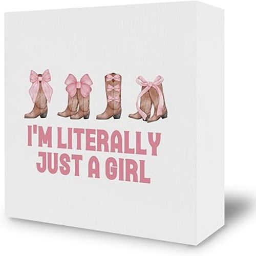 Coquette Room Desk Decor Decorations - Pink Bows Trendy Preppy Wooden Box Sign, Cowgirl Boots Wood Block Plaque Box Sign for Teen Girly Girls Room Dorm Table Decoration, 5x5 Inches