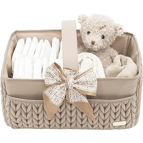 Luxurious Baby Diaper Caddy, Nursery Storage Basket for Newborn Essentials, Travel Baby Basket for Diapers Baby Wipes, Organizer Tote Bag Storage Bin, Baby Shower Gifts(Beige)