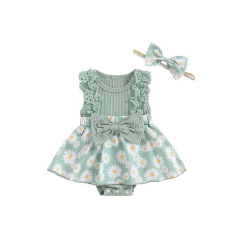 Suealasg Newborn Baby Girl Outfits Sleeveless Daisy Print Bow Romper Dress with Headband Set 2Pcs Infant Summer Photoshoot Clothes