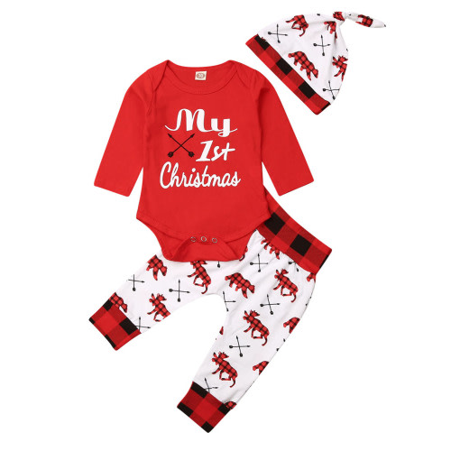 Canrulo My 1st Christmas Newborn Baby Boy Girl Xmas Clothes Romper+Pants+Hat Outfits Red 0-3 Months