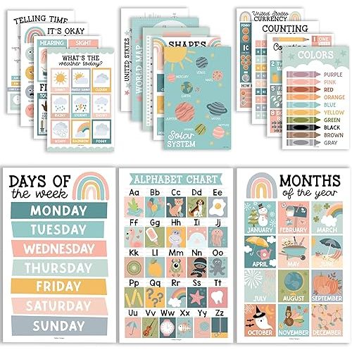 Hadley Designs 16 Educational Posters for Toddlers 1-3, Laminated Toddler Learning Posters for Preschool & Kindergarten, ABC Chart, Numbers, Colors, Shapes, Days of The Week, Boho Classroom Decor