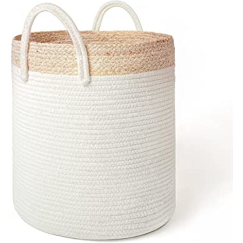 Woven Basket Rope Storage Basket - Large Cotton Organizer 16 x 14 x 14 Inches, Natural and Safe For Baby and Kids, Two-Tone Woven Organizer with Corn Skin