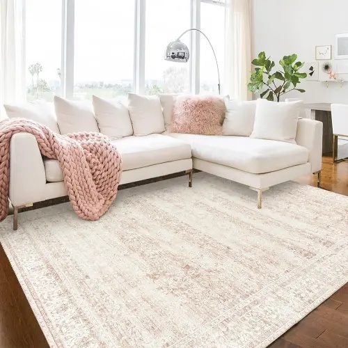 Nursery Rug for Baby Girl Neutral Blush Pink Boho Floral Washable Soft Faux Wool Area Rugs for Living Room Bedroom, 5x7