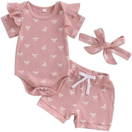 Mubineo Baby Girl Summer Clothes Cute Bowknot Romper Shorts Outfits Ruffle Short Sleeve Bodysuit Tops Newborn Set Outfit