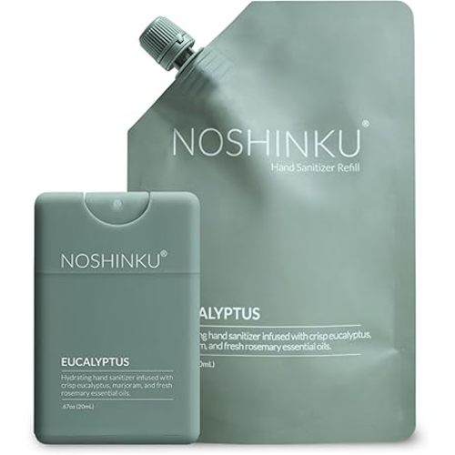 Noshinku Eucalyptus Pocket Hand Sanitizer Refill Kit: Refill Pouch + Sprayer Bundle | Organic Antibacterial Sanitizing Mist with Moisturizing Oils | FDA Registered | 70% Sugarcane Derived Alcohol