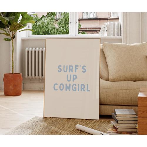 Surf's Up Cowgirl Poster | Minimalist Coastal Cowgirl Wall Art | Light Blue Typography Print | Western Beach Digital Download Decor