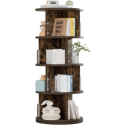 VECELO Rotating Bookshelf Tower, 360°Revolving Bookcase, Round Book Shelf Rotating, Stackable Storage Display Rack Floor Standing, Corner Bookshelf for Home Office, Brown