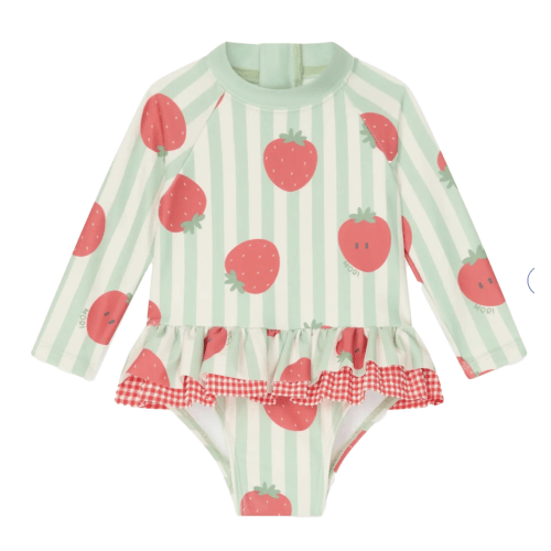 Strawberry and Green Stripe Frill Long Sleeve Swimsuit - MORI Swim | Maisonette