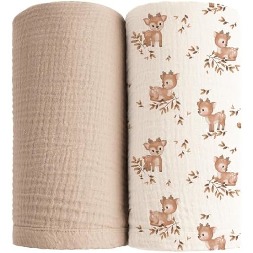 Konssy Muslin Swaddle Blankets 2 Pack, 100% Cotton Receiving Blanket Large 47 x 47 inches for Baby Boys Girls, Soft Breathable Muslin Baby Blanket for Newborn (Deer,Wheat)