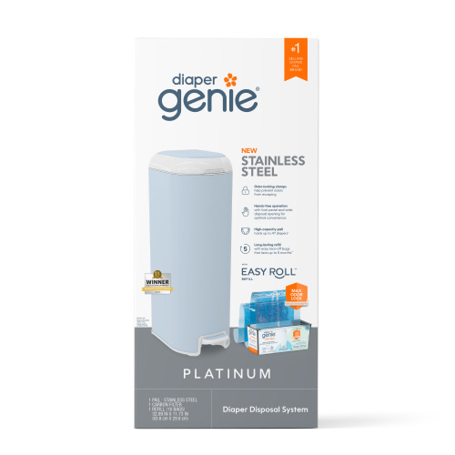 Diaper Genie Platinum Pail, Stainless Steel Diaper Pail, Includes 18 Refill Bags, 5 Month Supply, Glacial Blue