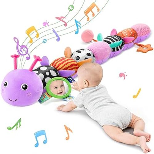 Baby Sensory Musical Caterpillar Plush Toy, Soft Stuffed Animal with Mirror Crinkle Paper Rattle Teether, Tummy Time Play Toy for 0-12 Months Newborn Infant, Baby Shower Gift for Boys Girls, Purple