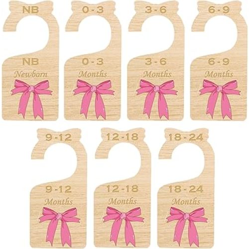 7 Pcs Baby Newborn to 24 Months Closet Dividers Pink Bow Baby Closet Organizer Newborn Nursery Clothes Size Hanger Dividers for Home Nursery Baby Clothes