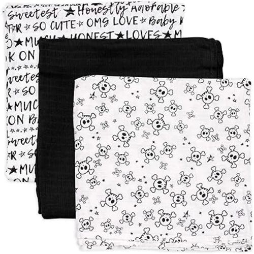 HonestBaby 3-Pack Organic Cotton Swaddle Blankets, Tossed Skulls, One Size