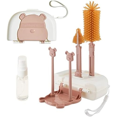 Baby Bottle Drying Rack and Cleaning Set, 7 in 1 Bottle Cleaning Brush Set with Silicone Bottle Brush, Straw Brush, Nipple Brush, Soap Dispenser, Storage Box, Drying Rack for Baby Bottle (Brown)