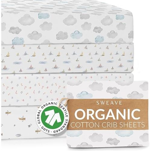 Organic Cotton Crib Sheets (4-Pack) - 100% GOTS Certified, Breathable Crib Sheets, Double-Elastic for Secure Fit, Extra Protection for Your Baby, Cotton Crib Sheets Fitted (28"x52")