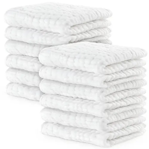 Comfy Cubs Muslin Baby Washcloths 10 Pack - Soft 6-Layer Cotton Wash Cloths for Sensitive Skin - 10"x10" Large, Gentle, Absorbent Infant Essentials for Newborn and Toddlers - White
