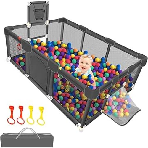 Large Playpen for Babies and Toddlers - Baby Ball Pit Sturdy Play Pen/Yard W/Basketball Hoop, Children's Fence Play Area, Indoor Outdoor Kids Activity Center, Infant Safety Gates (No Ocean Balls)