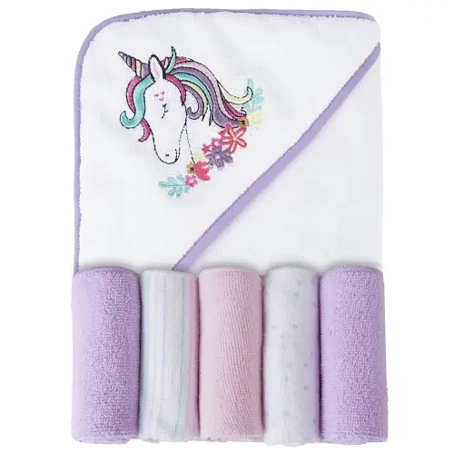 Viviland Baby Towels and Washcloths, Soft Absorbent Purple Baby Bath Towel Set, Unicorn Hooded Towels with 5 Infant Face Washcloths (6 Pieces)