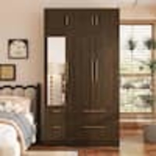 FUFU&GAGA Brown Walnut Wooden 47 in. Armoire, Wardrobe with 4-Drawers, 6-Shelves, 1-Hanging Bar, 1-Mirrored Door & 5-Normal Doors L-THD-260147-03-A+B