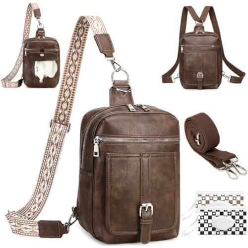 Sling Bag Crossbody Backpack - 2 in 1 Leather Cross Body Bag Fanny Pack with 2 Removable Straps