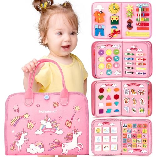 hahaland Toddler Busy Board Montessori Toys for 3 Year Old Girl Gifts, Educational Learning Toys with Life Skills, Alphabet, Number, Shape, Color, Easter Basket Stuffers Travel Sensory Busy Book Age 3