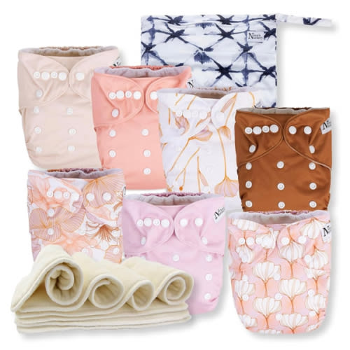 Nora's Nursery Cloth Diapers 7 Pack with 7 Inserts & 1 Wet Bag - Waterproof Cover, Washable, Reusable & One Size Adjustable Pocket Diapers for Newborns and Toddlers - Magnolia