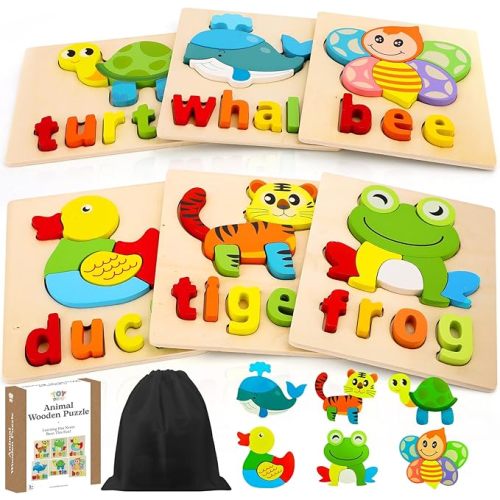 TOY Life Toddler Puzzles Ages 2-4, 6 Animals with Spelling Wooden Puzzles for Toddlers 3-5, Montessori Toys Gifts for 1 2 3 Years Old Boys Girls, Birthday Gifts Educational Learning Toys for Kids