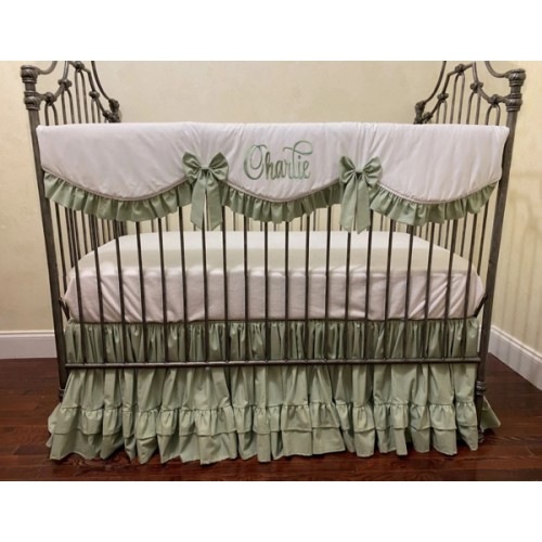White and Soft Sage Green Baby Girl Crib Bedding, Crib Rail Cover, Gat - Just Baby Designs