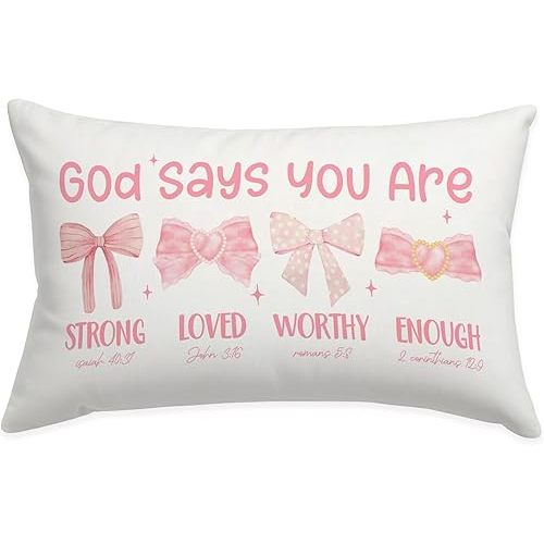 Christian Pink Bow Coquette Throw Pillow Cover 12x20, God Says You are Christian Pillow Cover Gift for Women, Bible Verse Pink Bows Inspirational Throw Pillow Cover, Affirmations Gifts