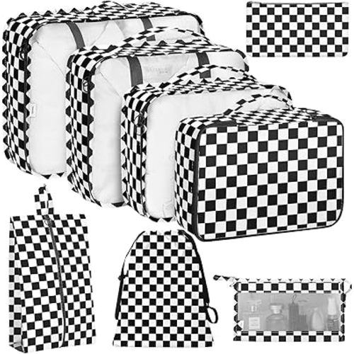 KPX 8 Set Packing Cubes for Travel, Luggage Packing Organizers Accessories Large Toiletries Bag for Clothes Shoes Cosmetics (8Set-Black Checkered)