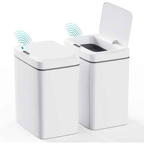 CEROELDA 2 Pack Motion Sensor Bathroom Trash Can with Lid, 2.6 Gallon Small Smart Automatic Touchless Garbage Can, Slim Waterproof Plastic Wastebasket for Bedroom Office Toilet, White